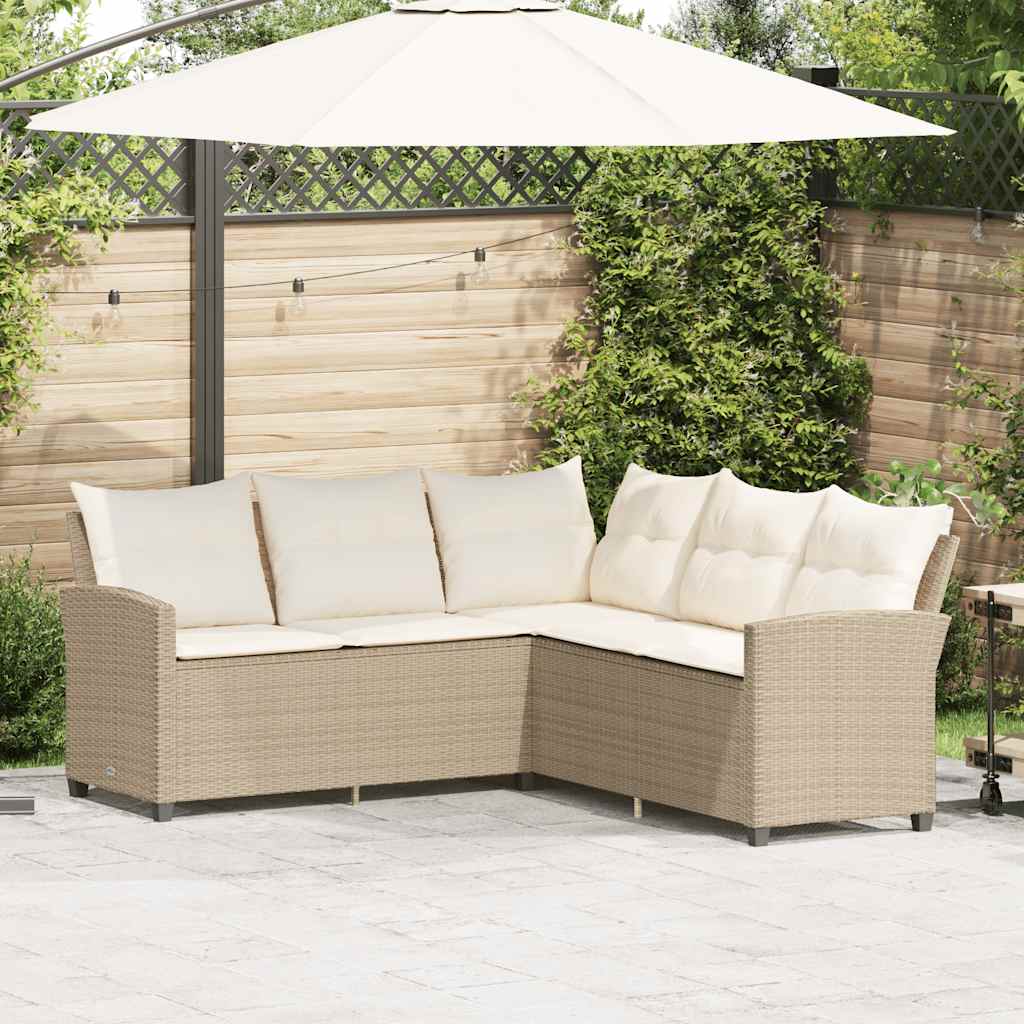 Loungebank Met Kussens L-Vormig Poly Rattan Beige