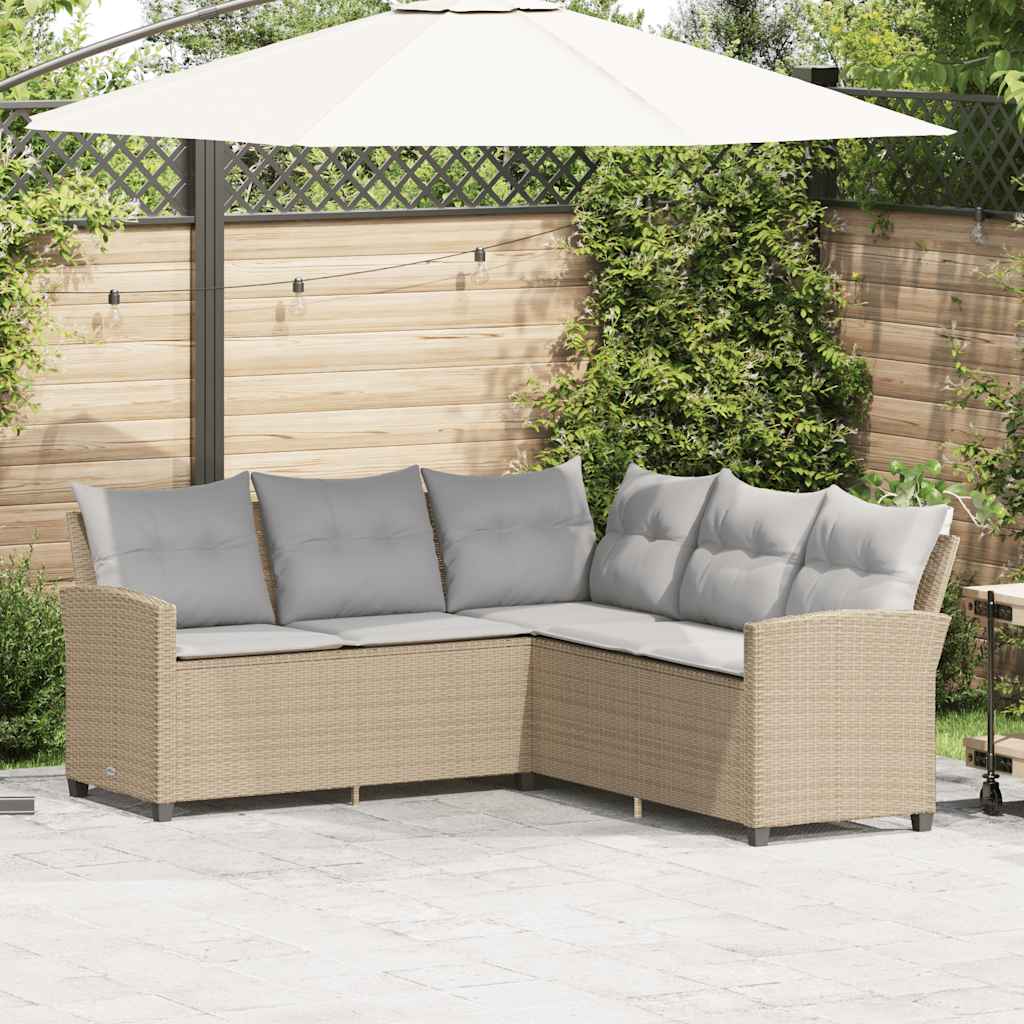 Loungebank Met Kussens L-Vormig Poly Rattan Beige
