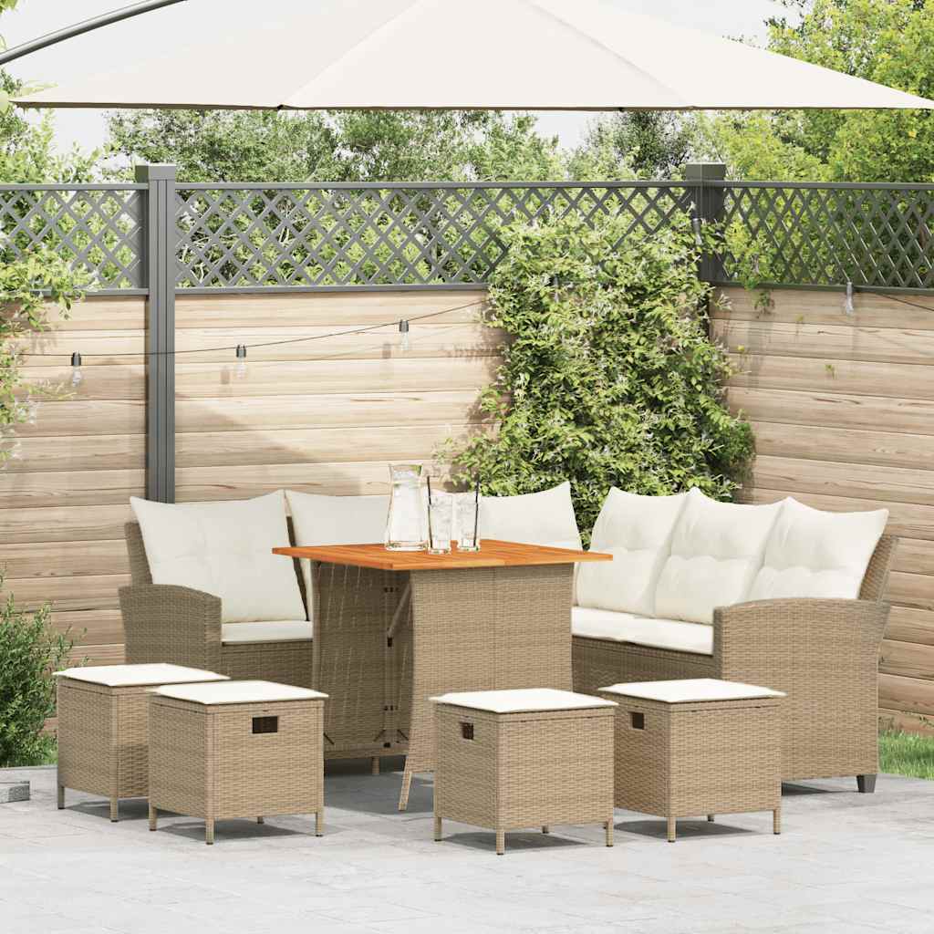 Loungebank Met Kussens L-Vormig Poly Rattan Beige