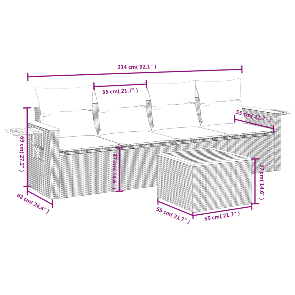 5-Delige Loungeset Met Kussens Poly Rattan