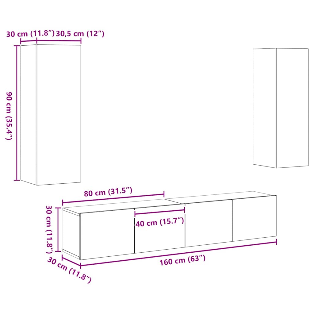 4-Delige Tv-Kast Set Oude Hout Bewerkt Hout