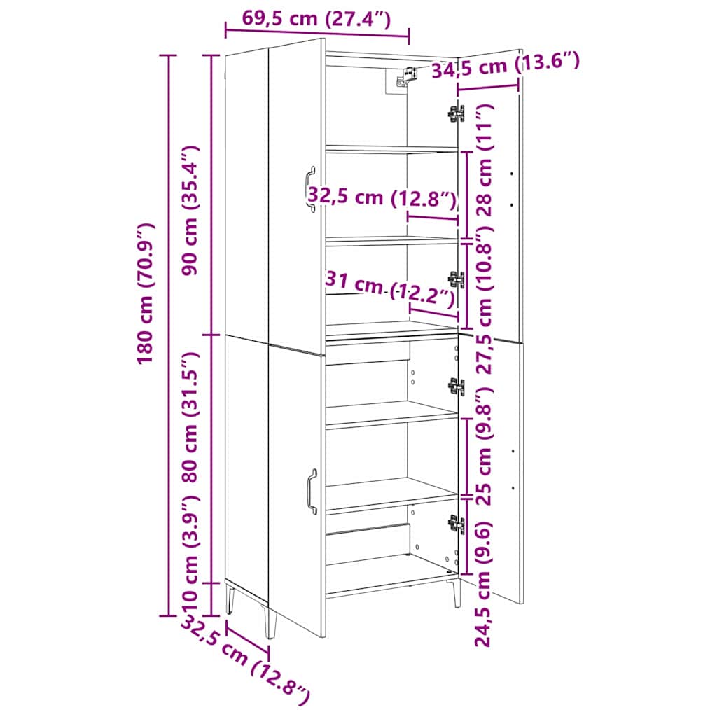Highboard 69,5 X 34 X 180 Cm Bewerkt Hout